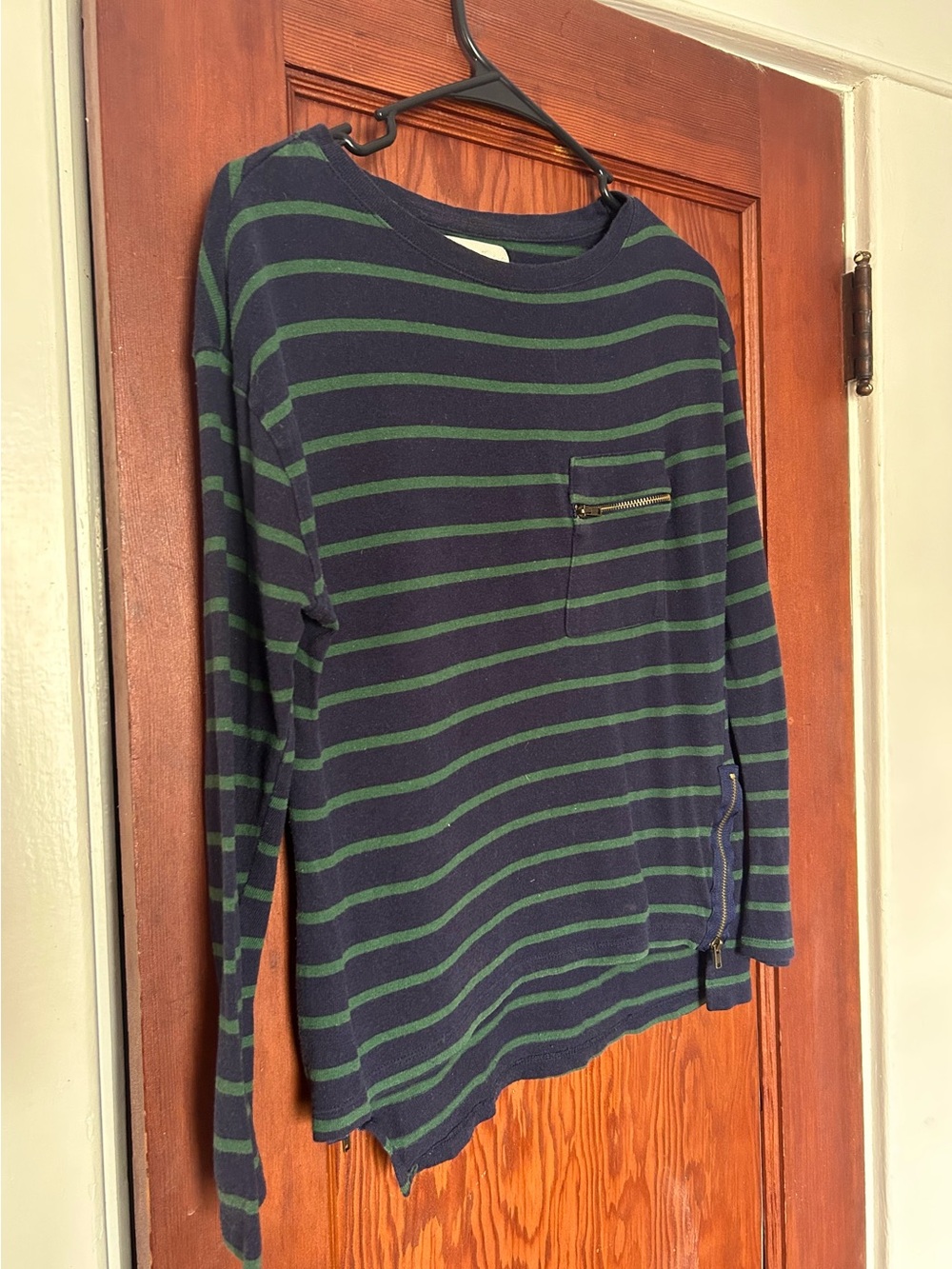 Zara Navy and Green Striped Crewneck Sweater